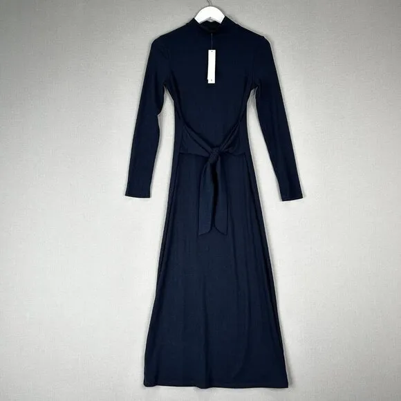 Aqua Womens Dress Small Blue Midi Ribbed Mock Sweater Tie Knot Work Minimalist