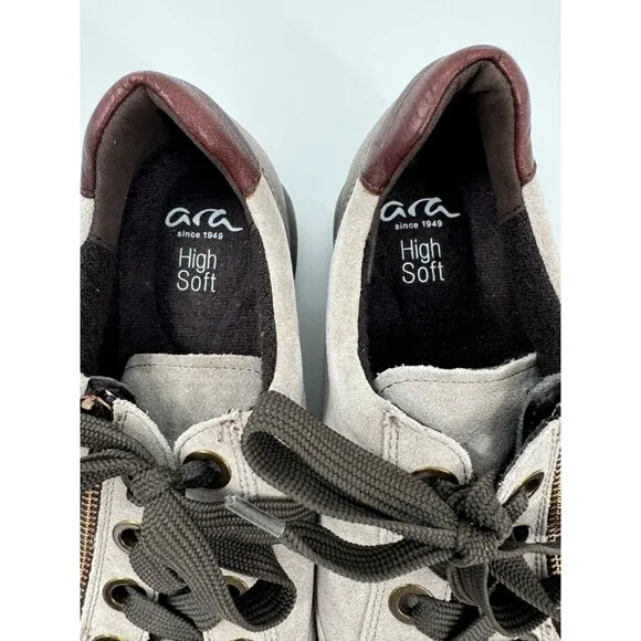 Ara Womens High Soft Beige Suede Casual Shoes With Side Zipper &amp; Lace-Up Design