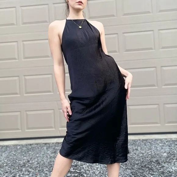Aritzia Babaton Lato High Neck Black Minimalist Slip Midi Dress Large