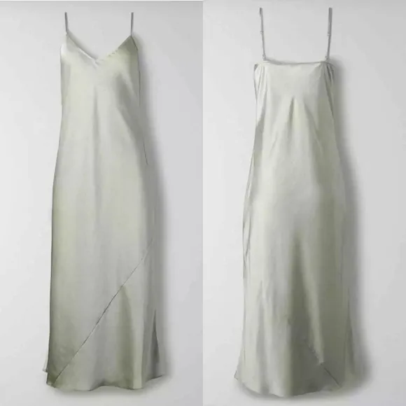 Aritzia Wilfred Only Slip Maxi Dress Silver Sage Green XS Silky Satin Minimalist