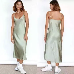 Aritzia Wilfred Only Slip Maxi Dress Silver Sage Green XS Silky Satin Minimalist