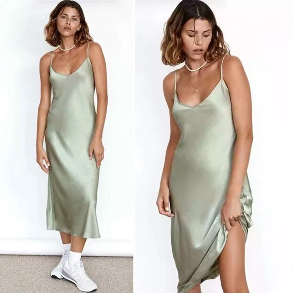Aritzia Wilfred Only Slip Maxi Dress Silver Sage Green XS Silky Satin Minimalist