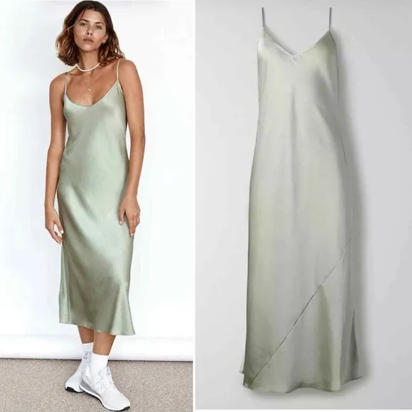 Aritzia Wilfred Only Slip Maxi Dress Silver Sage Green XS Silky Satin Minimalist
