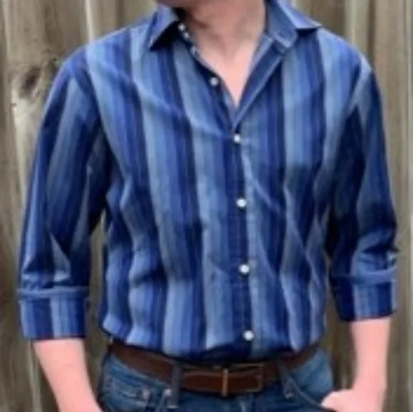AS NEW Robert Talbott Blue Striped Dress Shirt Classic Designer Pearl Summer