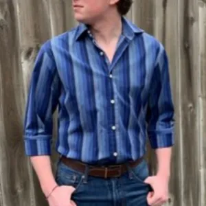 AS NEW Robert Talbott Blue Striped Dress Shirt Classic Designer Pearl Summer
