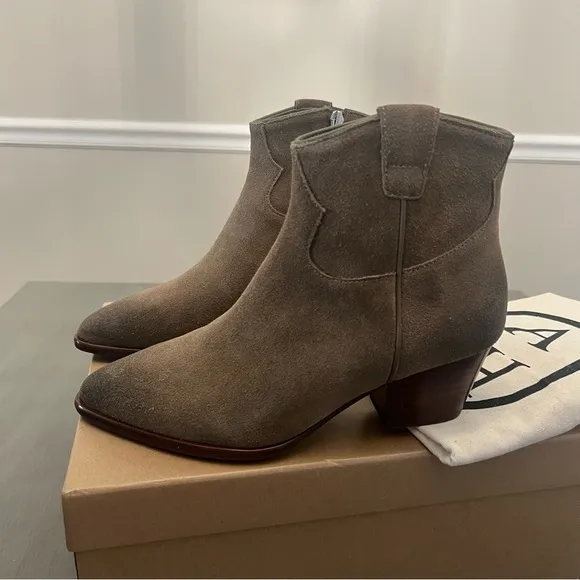 ASH Houston Suede Leather Western Heel Zip Ankle Boots Dune Brown Tan 36 6