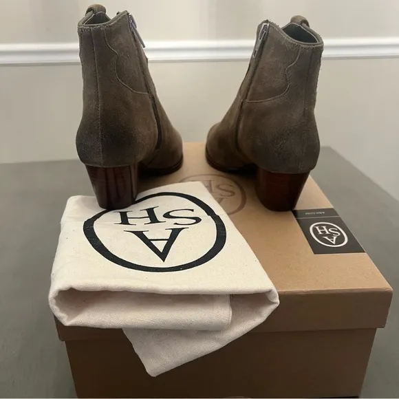 ASH Houston Suede Leather Western Heel Zip Ankle Boots Dune Brown Tan 36 6