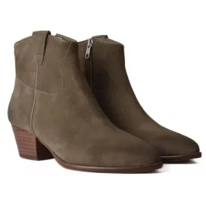 ASH Houston Suede Leather Western Heel Zip Ankle Boots Dune Brown Tan 36 6