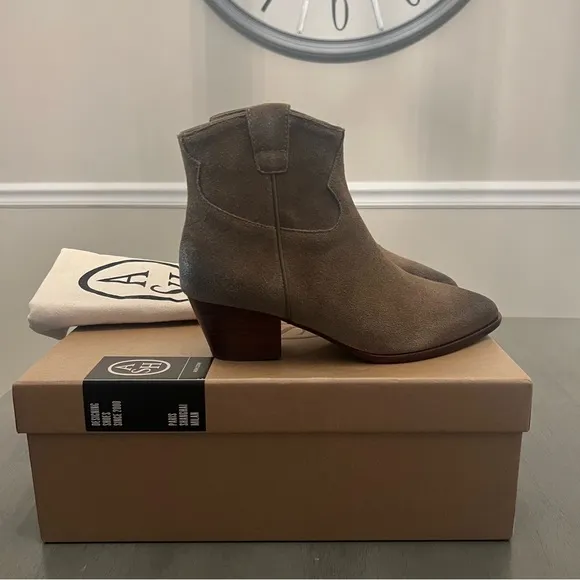ASH Houston Suede Leather Western Heel Zip Ankle Boots Dune Brown Tan 36 6