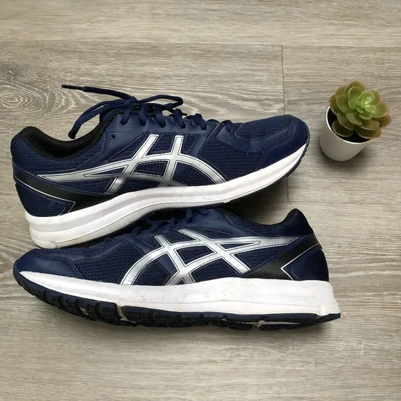 asics men’s navy blue silver running workout shoes
