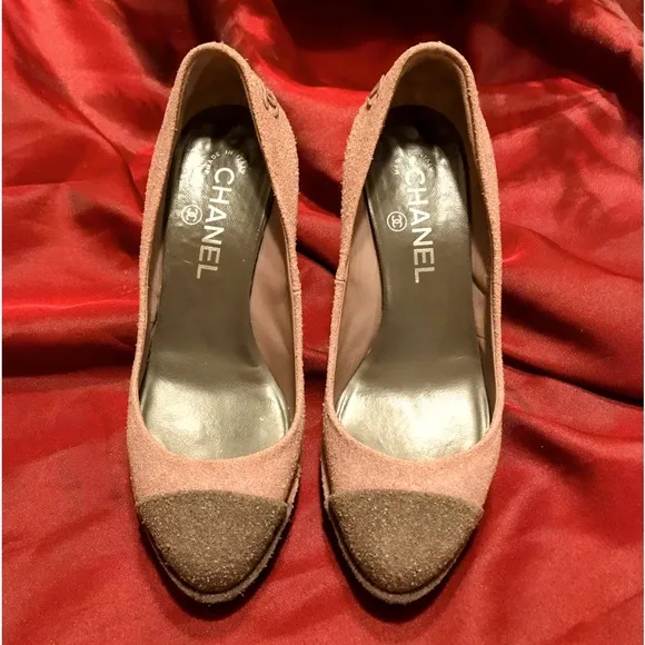 Authentic Chanel Pink and Brown Sparkle Heels Pumps Shoes