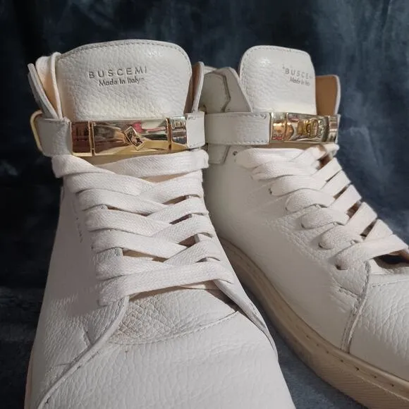 Authentic Men's Buscemi Hi-Top Sneakers Leather Gold Lock White 46 (12-13)