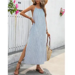 Backless high slit maxi dress halter neck minimalist boho maxi dress blue stripe