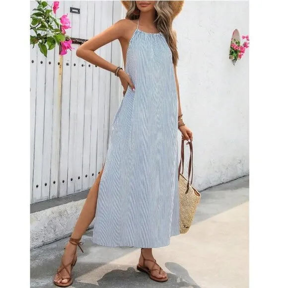 Backless high slit maxi dress halter neck minimalist boho maxi dress blue stripe