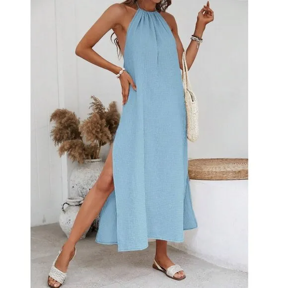 Backless high slit maxi dress halter neck minimalist boho maxi dress blue