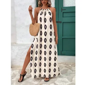 Backless maxi dress halter neck minimalist boho maxi dress geo print cream black