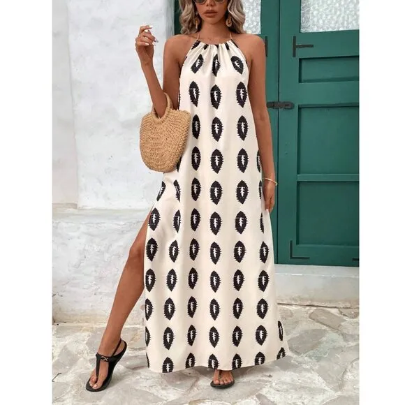 Backless maxi dress halter neck minimalist boho maxi dress geo print cream black