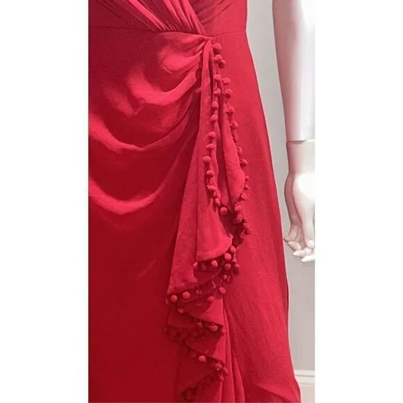 Badgley Mischka Red V-neck Ruffle Pom Pom Gown Size 8