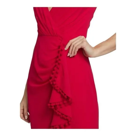 Badgley Mischka Red V-neck Ruffle Pom Pom Gown Size 8
