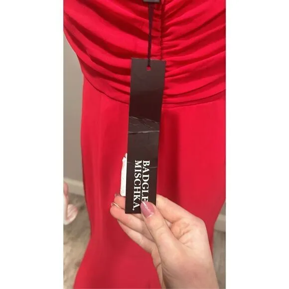 Badgley Mischka Red V-neck Ruffle Pom Pom Gown Size 8