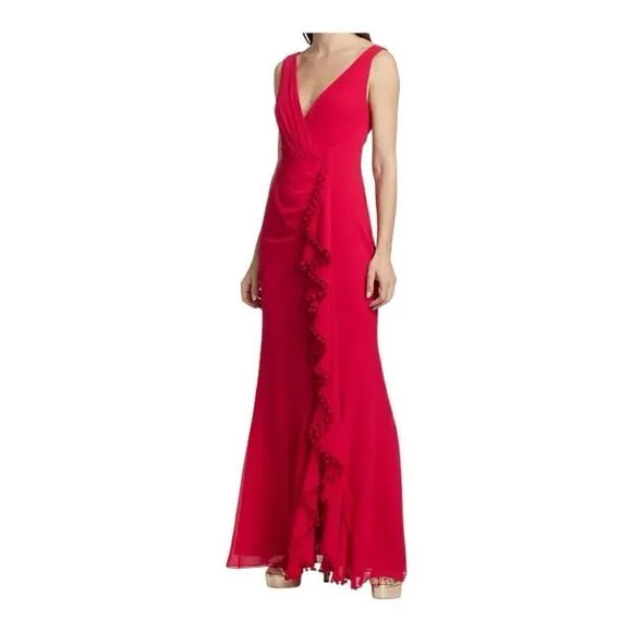 Badgley Mischka Red V-neck Ruffle Pom Pom Gown Size 8