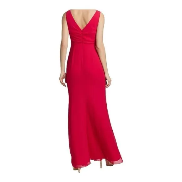 Badgley Mischka Red V-neck Ruffle Pom Pom Gown Size 8