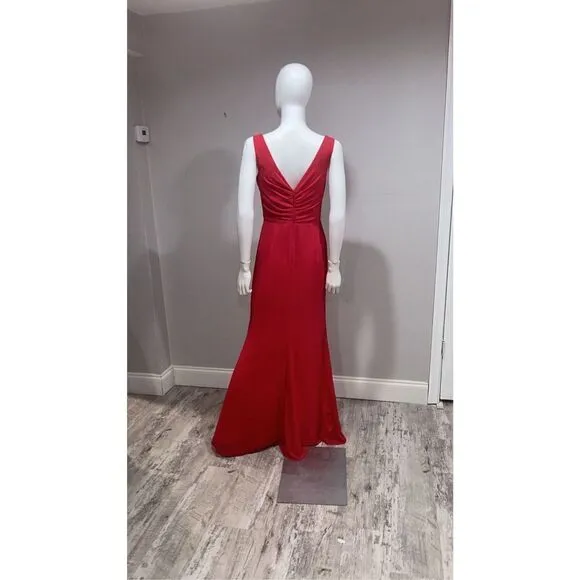 Badgley Mischka Red V-neck Ruffle Pom Pom Gown Size 8