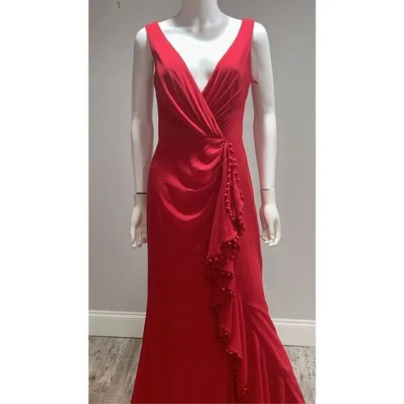 Badgley Mischka Red V-neck Ruffle Pom Pom Gown Size 8
