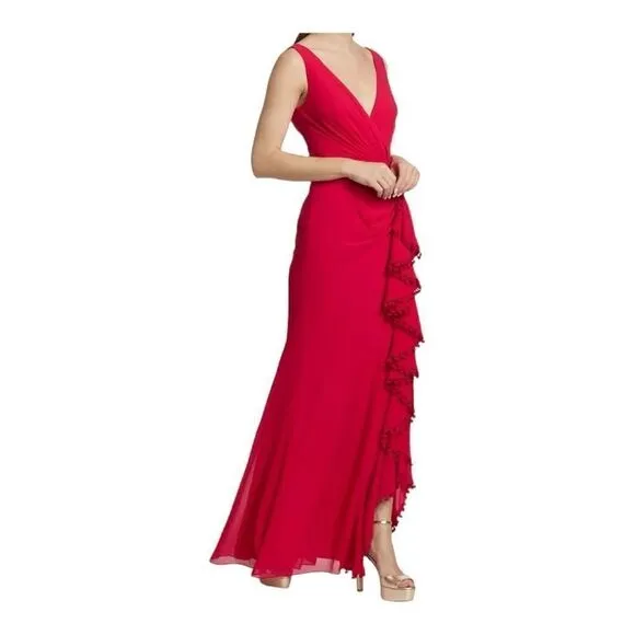 Badgley Mischka Red V-neck Ruffle Pom Pom Gown Size 8