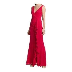 Badgley Mischka Red V-neck Ruffle Pom Pom Gown Size 8
