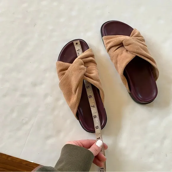 Bassike Suede Knot Flat Paded Sandals Shoes Womens Size 4 / 35 Tan Burgundy