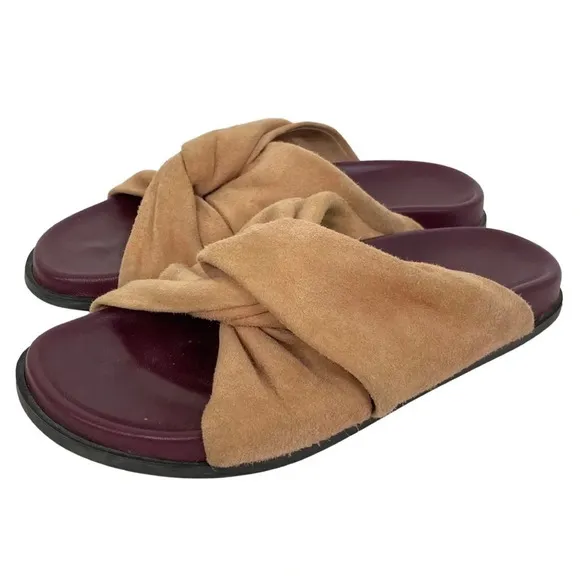 Bassike Suede Knot Flat Paded Sandals Shoes Womens Size 4 / 35 Tan Burgundy