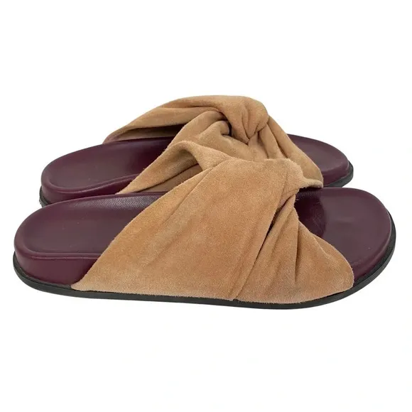 Bassike Suede Knot Flat Paded Sandals Shoes Womens Size 4 / 35 Tan Burgundy