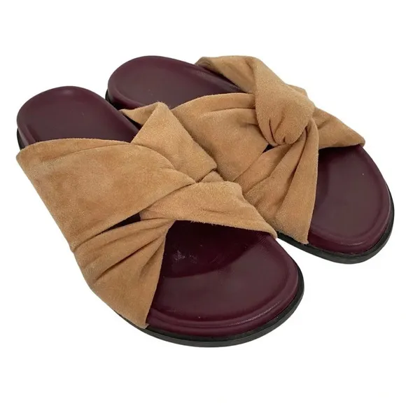 Bassike Suede Knot Flat Paded Sandals Shoes Womens Size 4 / 35 Tan Burgundy