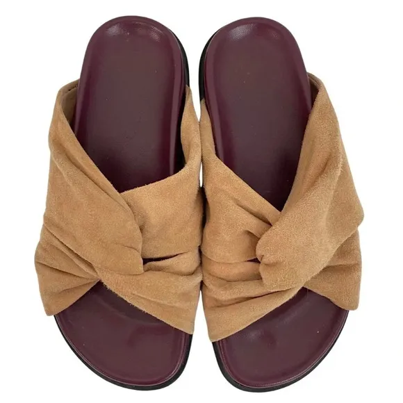 Bassike Suede Knot Flat Paded Sandals Shoes Womens Size 4 / 35 Tan Burgundy