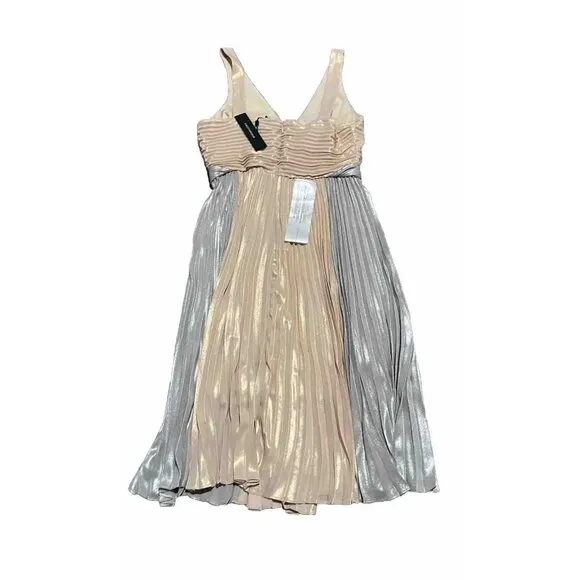 BCBG Maxazria Dress Pleated Midi Dress Metallic Gold Flare luxury 8 - New- $370