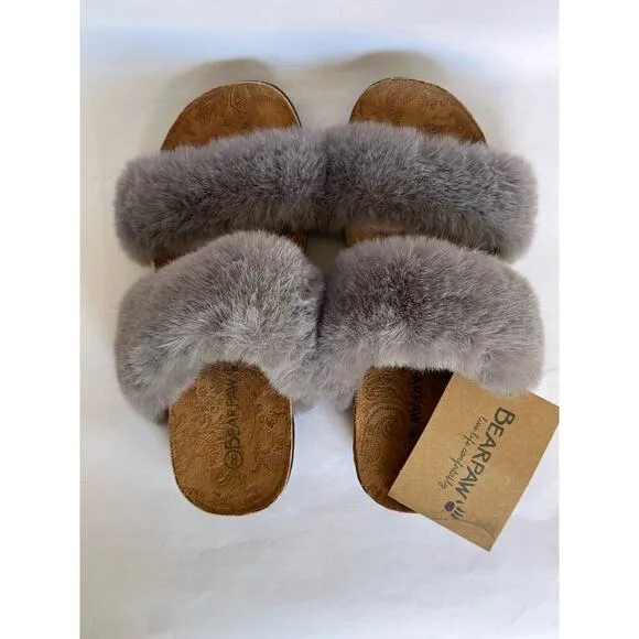 Bearpaw Analia Women’s Furry Sandals Slippers Gray Fog Size 8 Platform