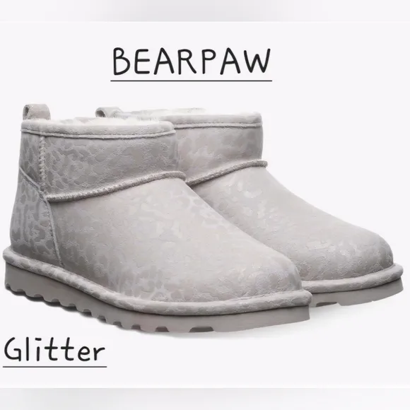 BEARPAW Shorty Exotic Winter White Leopard Glitter Suede Ankle Boots Woman 9 NWT