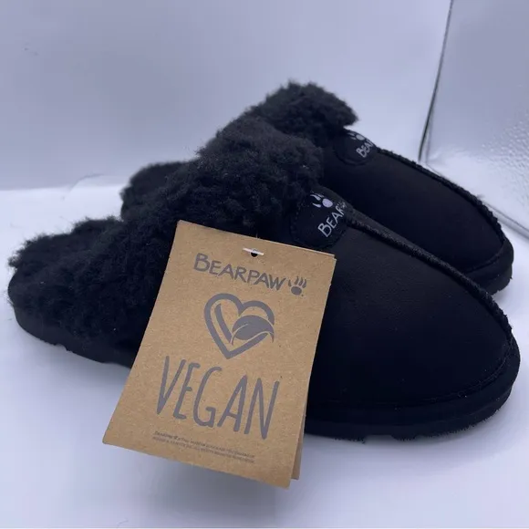 BearPaw vegan faux fur Loki women black slippers Size 6