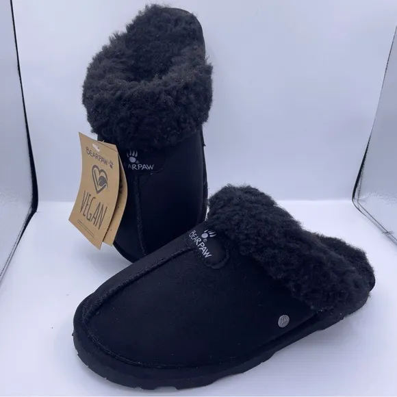 BearPaw vegan faux fur Loki women black slippers Size 6
