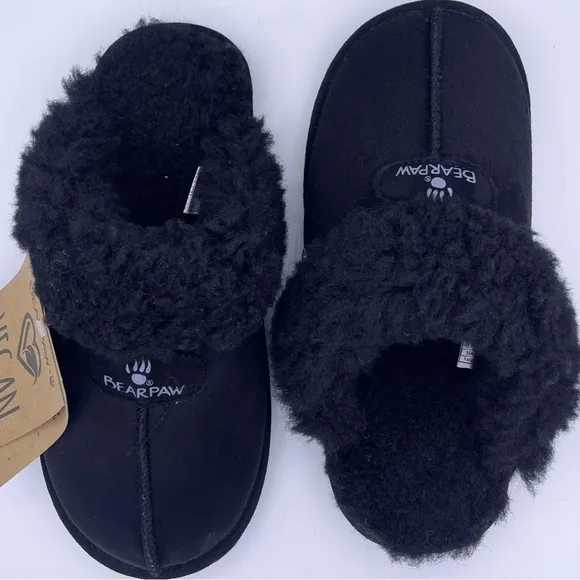 BearPaw vegan faux fur Loki women black slippers Size 6