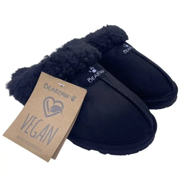BearPaw vegan faux fur Loki women black slippers Size 6
