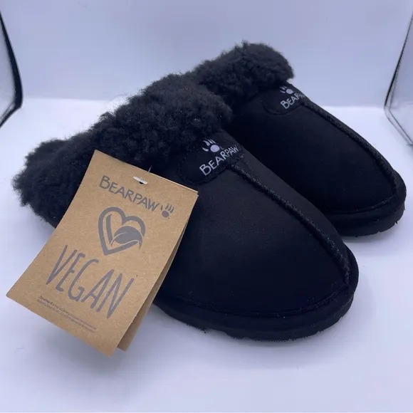 BearPaw vegan faux fur Loki women black slippers Size 6