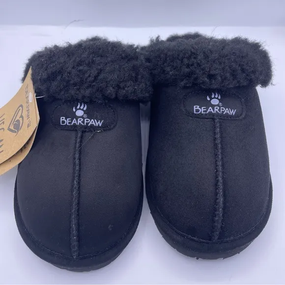 BearPaw vegan faux fur Loki women black slippers Size 6