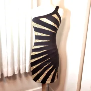 Bebe Womens Dress Luxury Designer Fitted Black Gold Sequins Dress-S