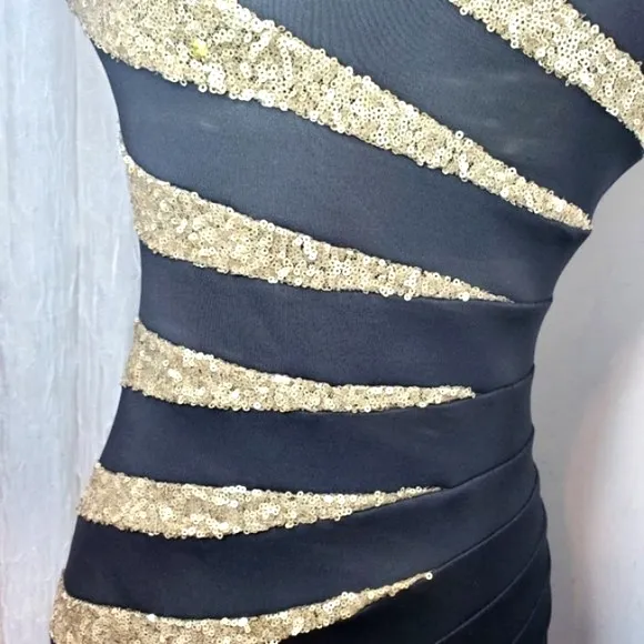 Bebe Womens Dress Luxury Designer Fitted Black Gold Sequins Dress-S
