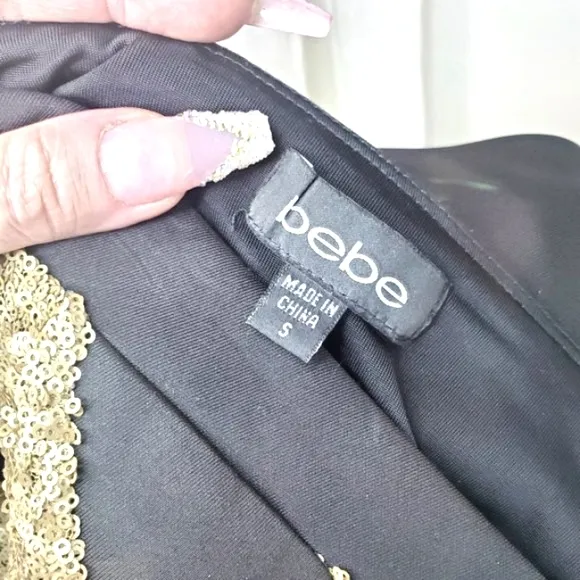 Bebe Womens Dress Luxury Designer Fitted Black Gold Sequins Dress-S