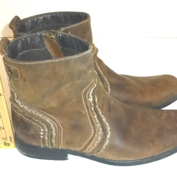 Bed Stu Revolution Men's Brown Distressed Leather Side Zip Ankle Boots Size: 10