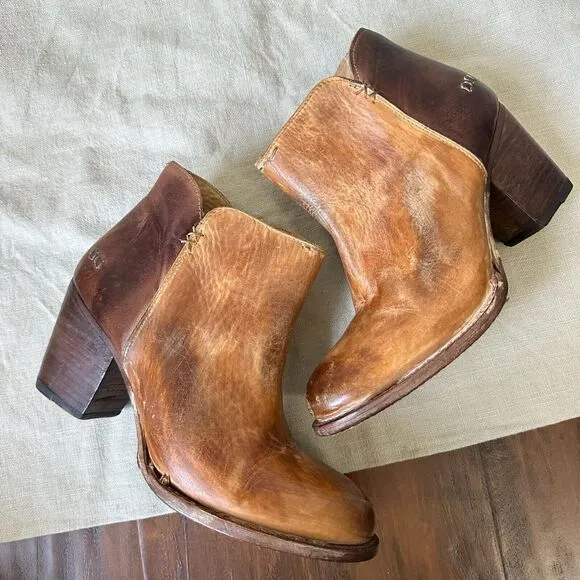 BED STU Yell Ankle Boots Brown Rustic Leather Heeled Booties Retro