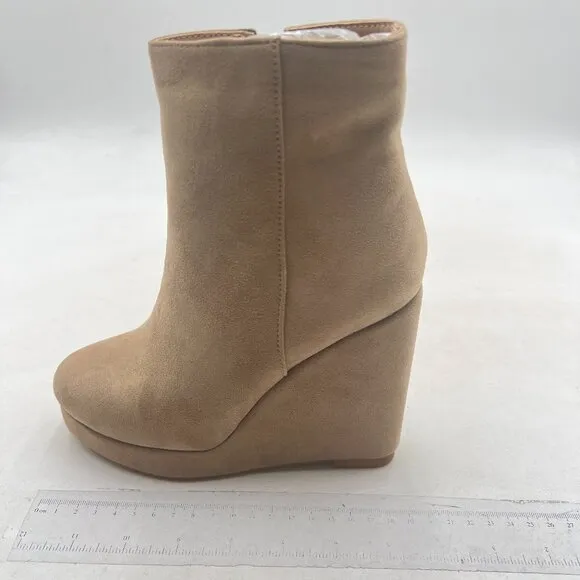 Beige Platform Rounded Toe Ankle Boots Side Zipper High Heel Wedge Short Boot